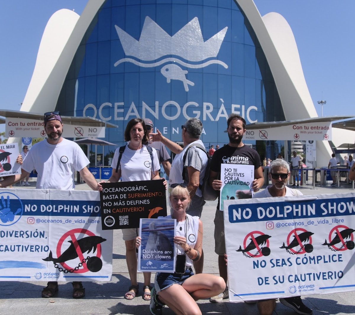 Activistas protestan a las puertas del Oceanogràfic para denunciar el maltrato que sufren los delfine