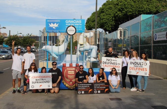 World Animal Protection planta una falla frente al Oceanogràfic para exigir el ‘indulto’ de los delfines